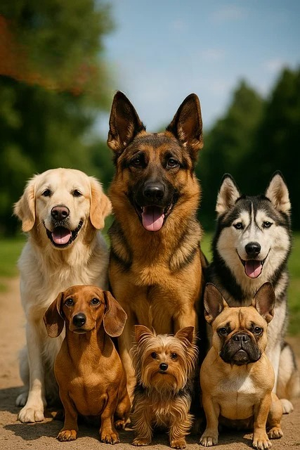 Six happy dogs of various breeds outdoors